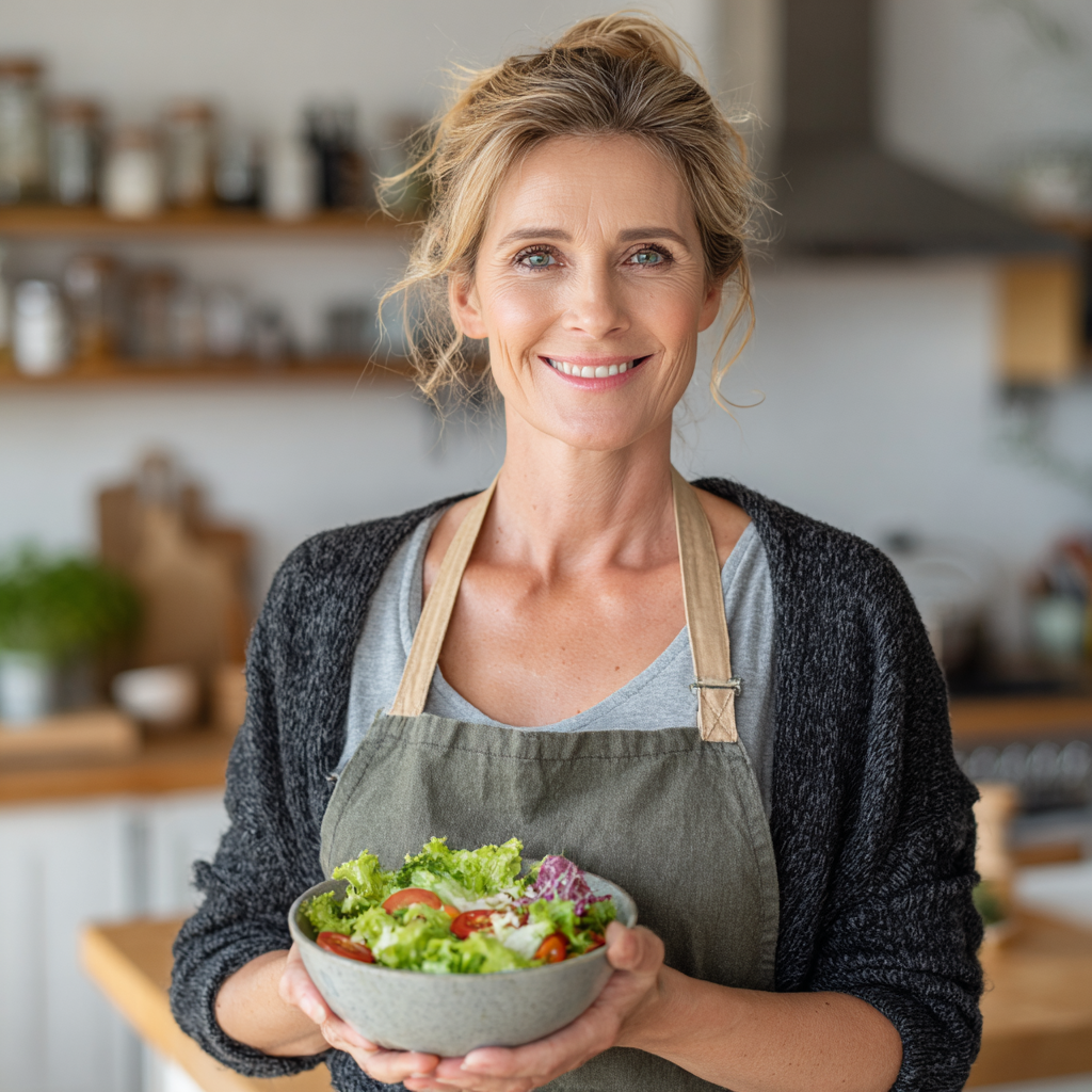 Smiling woman in her late forties holding a fresh salad bowl in a bright modern kitchen, looking healthy and energetic